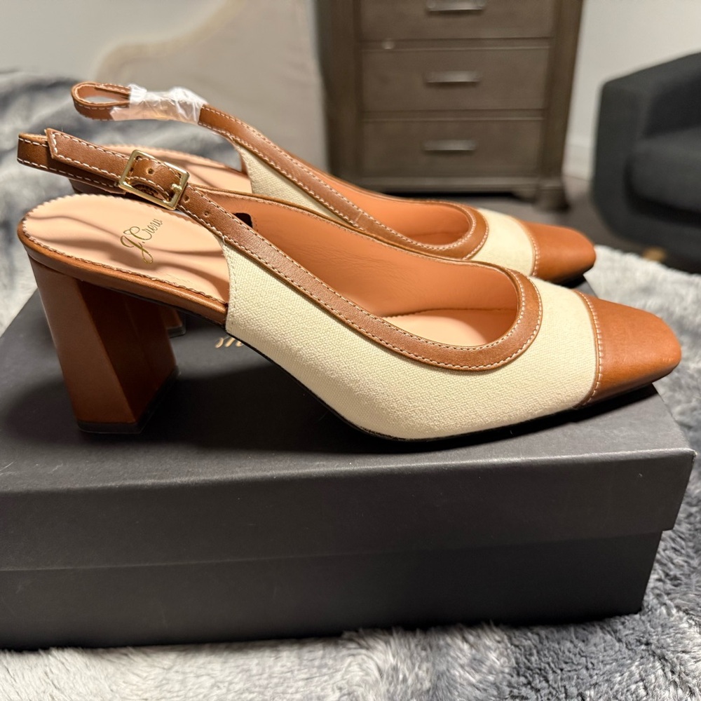 J. Crew Cream and Brown Block Heel Slingbacks